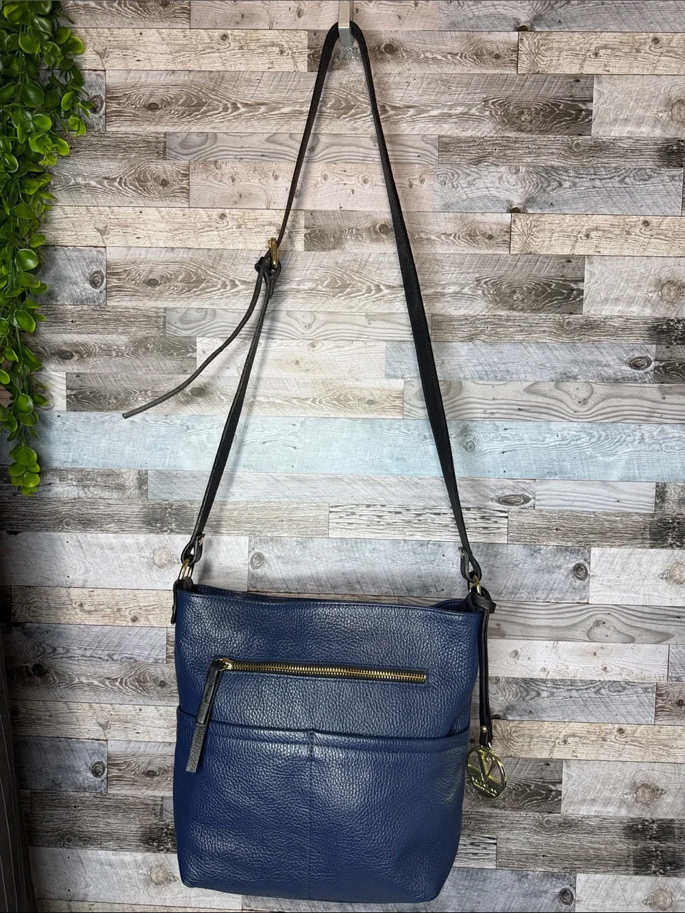 Valentina Navy Blue Pebbled Leather Crossbody with Gold Hardware